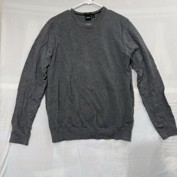 Hugo Boss Finest Italian Yarn Mens Wool L/S Crew Neck Pullover Sweater Sz L Gray - Picture 1 of 11